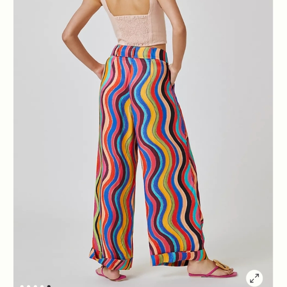 Farm Rio Anthropologie Colorful Wave Pattern Women's Wide Leg Pants Med Petite - Picture 3 of 11